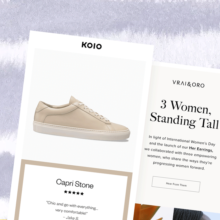 Minimalist email designs from Organic Valley, KOIO, and VRAI & ORO with clean layouts and elegant typography.