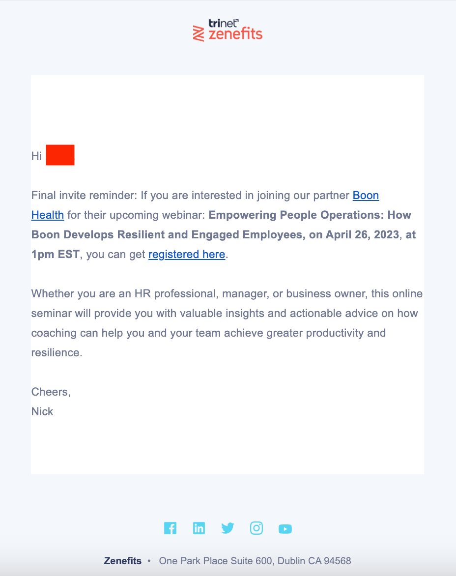 Trinet event reminder email example 