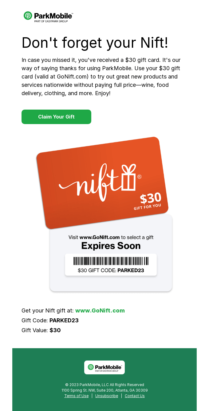 ParkMobile gift card reminder email