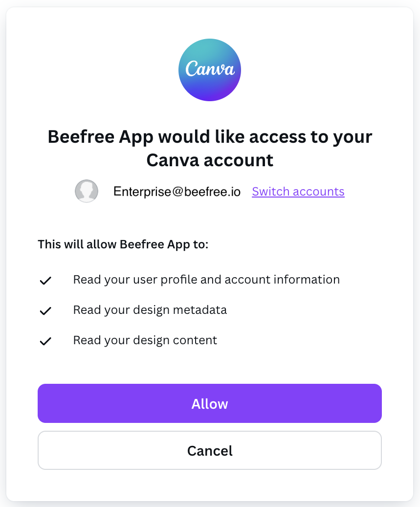 beefree canva integration permission screen